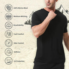 Merino Protect 100% Merino Wool V-Neck T Shirts for Men Odor Resistance Base Layer Hiking Travel T-Shirt Soft Undershirt