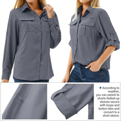 Women's UPF 50 Long Sleeve Sun Protection Safari Fish Hiking Shirts