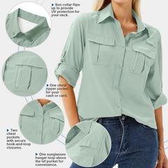 Women's UPF 50 Long Sleeve Sun Protection Safari Fish Hiking Shirts