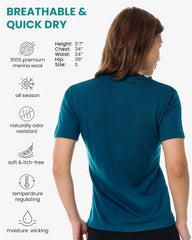 100% Merino Wool Shirt Women - Short Sleeve Tee Base Layer Top Undershirt