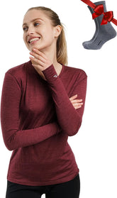 100% Merino Wool Base Layer Women - Long Sleeve Thermal Shirt with Socks