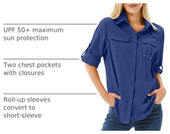 Women's UPF 50 Long Sleeve Sun Protection Safari Fish Hiking Shirts