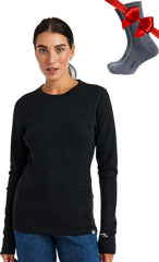 100% Merino Wool Base Layer Women - Long Sleeve Thermal Shirt with Socks