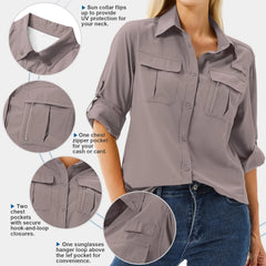 Women's UPF 50 Long Sleeve Sun Protection Safari Fish Hiking Shirts