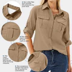 Women's UPF 50 Long Sleeve Sun Protection Safari Fish Hiking Shirts