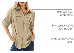 Women's UPF 50 Long Sleeve Sun Protection Safari Fish Hiking Shirts