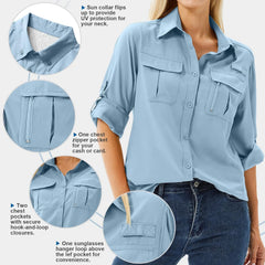 Women's UPF 50 Long Sleeve Sun Protection Safari Fish Hiking Shirts