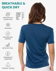 100% Merino Wool Shirt Women - Short Sleeve Tee Base Layer Top Undershirt