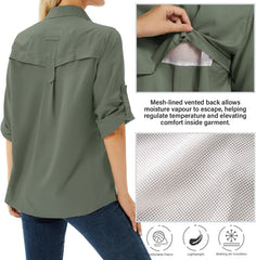 Women's UPF 50 Long Sleeve Sun Protection Safari Fish Hiking Shirts