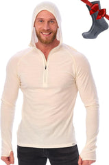 100% Merino Wool Hoodie Men - Slim Fit Quarter Zip Thermal Base Layer Top