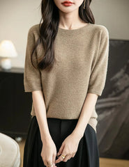 Chanyarn Women's 100% Merino Wool Spring Fall Winter First-Line Ready to Wear Seamless Knit Crewneck Short Sleeve Sweater