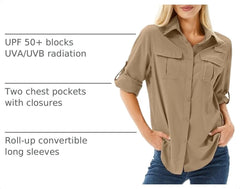 Women's UPF 50 Long Sleeve Sun Protection Safari Fish Hiking Shirts