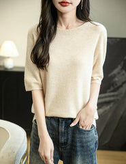 Chanyarn Women's 100% Merino Wool Spring Fall Winter First-Line Ready to Wear Seamless Knit Crewneck Short Sleeve Sweater