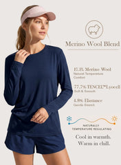 Merino Wool Shirt Women Lightweight Breathable Basic Tees Long Sleeve Sun Protection Shirts