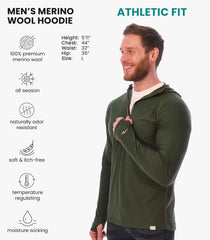 100% Merino Wool Hoodie Men - Slim Fit Quarter Zip Thermal Base Layer Top