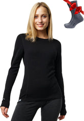 100% Merino Wool Base Layer Women - Long Sleeve Thermal Shirt with Socks
