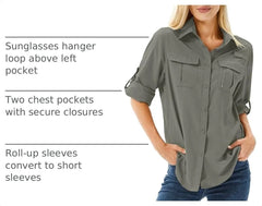 Women's UPF 50 Long Sleeve Sun Protection Safari Fish Hiking Shirts