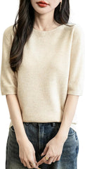 Chanyarn Women's 100% Merino Wool Spring Fall Winter First-Line Ready to Wear Seamless Knit Crewneck Short Sleeve Sweater