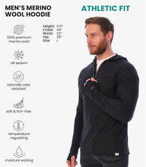 100% Merino Wool Hoodie Men - Slim Fit Quarter Zip Thermal Base Layer Top