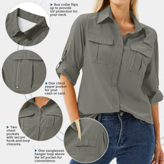 Women's UPF 50 Long Sleeve Sun Protection Safari Fish Hiking Shirts