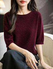 Chanyarn Women's 100% Merino Wool Spring Fall Winter First-Line Ready to Wear Seamless Knit Crewneck Short Sleeve Sweater