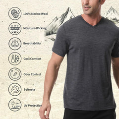 Merino Protect 100% Merino Wool V-Neck T Shirts for Men Odor Resistance Base Layer Hiking Travel T-Shirt Soft Undershirt