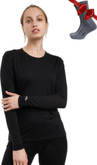 100% Merino Wool Base Layer Women - Long Sleeve Thermal Shirt with Socks