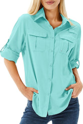 Women's UPF 50 Long Sleeve Sun Protection Safari Fish Hiking Shirts