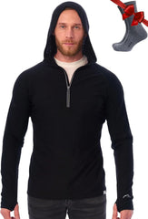 100% Merino Wool Hoodie Men - Slim Fit Quarter Zip Thermal Base Layer Top