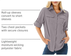 Women's UPF 50 Long Sleeve Sun Protection Safari Fish Hiking Shirts