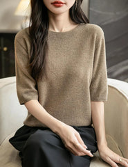 Chanyarn Women's 100% Merino Wool Spring Fall Winter First-Line Ready to Wear Seamless Knit Crewneck Short Sleeve Sweater