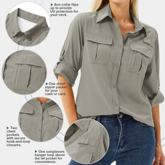 Women's UPF 50 Long Sleeve Sun Protection Safari Fish Hiking Shirts