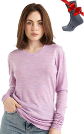 100% Merino Wool Base Layer Women - Long Sleeve Thermal Shirt with Socks