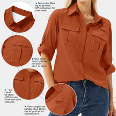 Women's UPF 50 Long Sleeve Sun Protection Safari Fish Hiking Shirts
