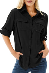 Women's UPF 50 Long Sleeve Sun Protection Safari Fish Hiking Shirts