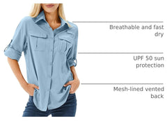 Women's UPF 50 Long Sleeve Sun Protection Safari Fish Hiking Shirts
