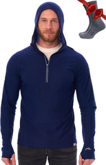 100% Merino Wool Hoodie Men - Slim Fit Quarter Zip Thermal Base Layer Top
