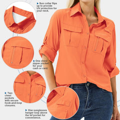 Women's UPF 50 Long Sleeve Sun Protection Safari Fish Hiking Shirts