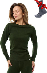 100% Merino Wool Base Layer Women - Long Sleeve Thermal Shirt with Socks