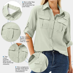 Women's UPF 50 Long Sleeve Sun Protection Safari Fish Hiking Shirts
