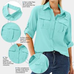Women's UPF 50 Long Sleeve Sun Protection Safari Fish Hiking Shirts