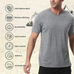 Merino Protect 100% Merino Wool V-Neck T Shirts for Men Odor Resistance Base Layer Hiking Travel T-Shirt Soft Undershirt