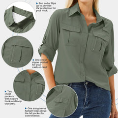 Women's UPF 50 Long Sleeve Sun Protection Safari Fish Hiking Shirts