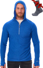 100% Merino Wool Hoodie Men - Slim Fit Quarter Zip Thermal Base Layer Top