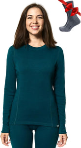 100% Merino Wool Base Layer Women - Long Sleeve Thermal Shirt with Socks