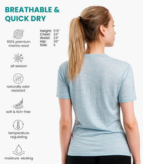 100% Merino Wool Shirt Women - Short Sleeve Tee Base Layer Top Undershirt