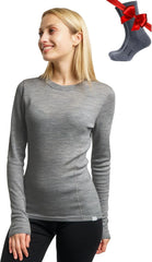 100% Merino Wool Base Layer Women - Long Sleeve Thermal Shirt with Socks