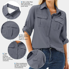 Women's UPF 50 Long Sleeve Sun Protection Safari Fish Hiking Shirts