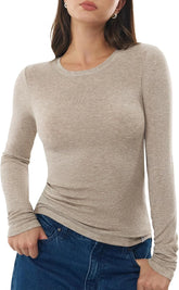 Women's Merino Wool Blend Shirts Long Sleeve Tops Crew Neck Fitted Basic Tee Cozy Embrace Collection