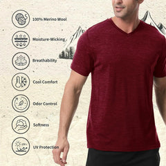 Merino Protect 100% Merino Wool V-Neck T Shirts for Men Odor Resistance Base Layer Hiking Travel T-Shirt Soft Undershirt